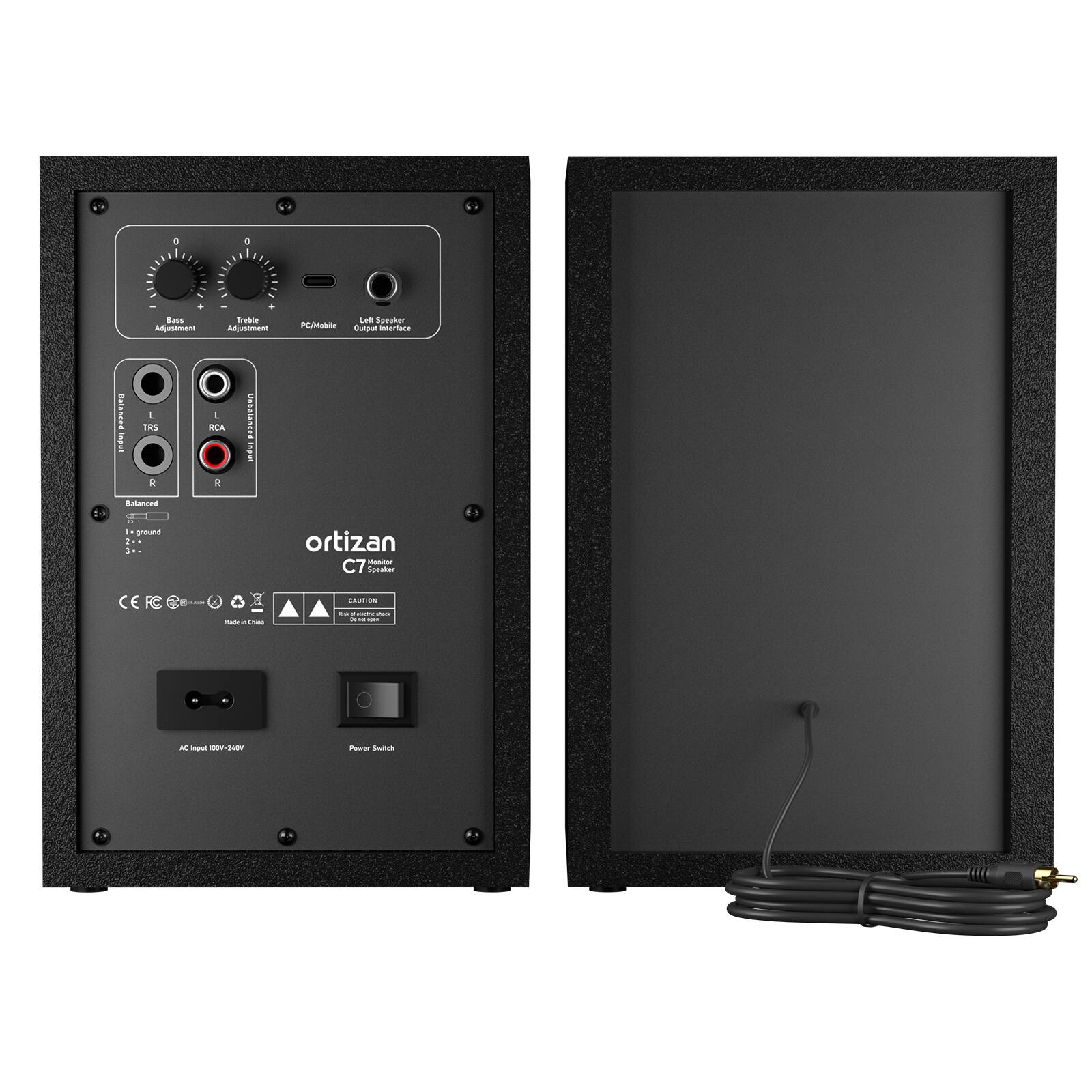 5.3 Bass Adjustment Treble Adjustment Speaker Phonic Mat Intertacaianca i 2 THS RCA E alanue pn R Ratanes gioe - ortizan TANN C7 Lanater - BAUTIRN - I - npun N Por Sus

ortizan C7 Speaker

- Bass Adjustment
- Treble Adjustment
- Left Speaker Output Interface
- Balanced (L, R)
- RCA (L, R)
- Power Switch
- AC Input: 100V-240V
- Made in China

CAUTION: Do not touch the terminals with bare hands.