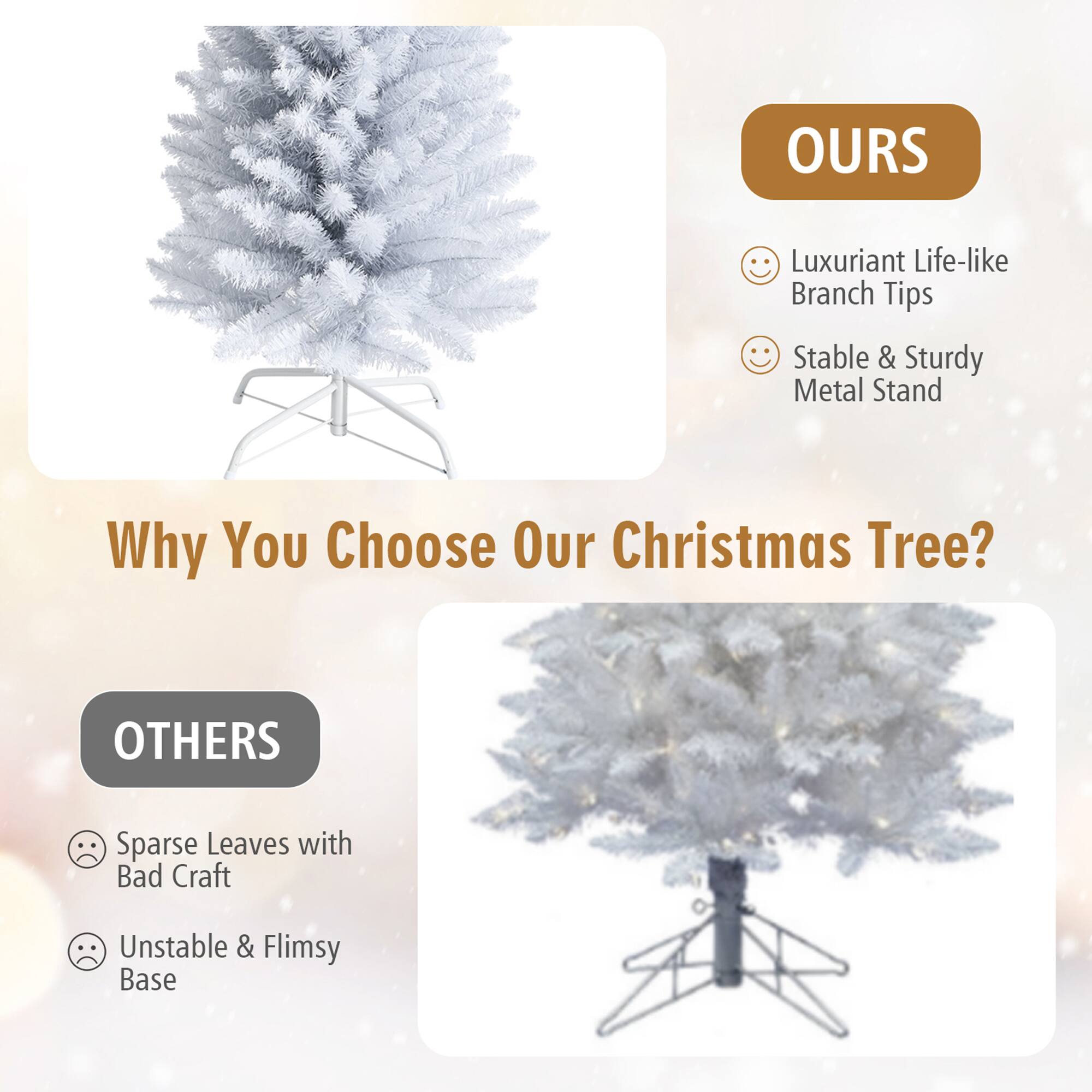 **Why You Choose Our Christmas Tree?**

**OURS**
- Luxuriant Life-like Branch Tips
- Stable & Sturdy Metal Stand

**OTHERS**
- Sparse Leaves with Bad Craft
- Unstable & Flimsy Base