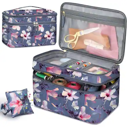 Front. Kitcheniva - Portable Sewing Organizer Case Double-Layer Sewing Accessories Storage Carrying Bag Blooming Hibiscus - Multicolor.