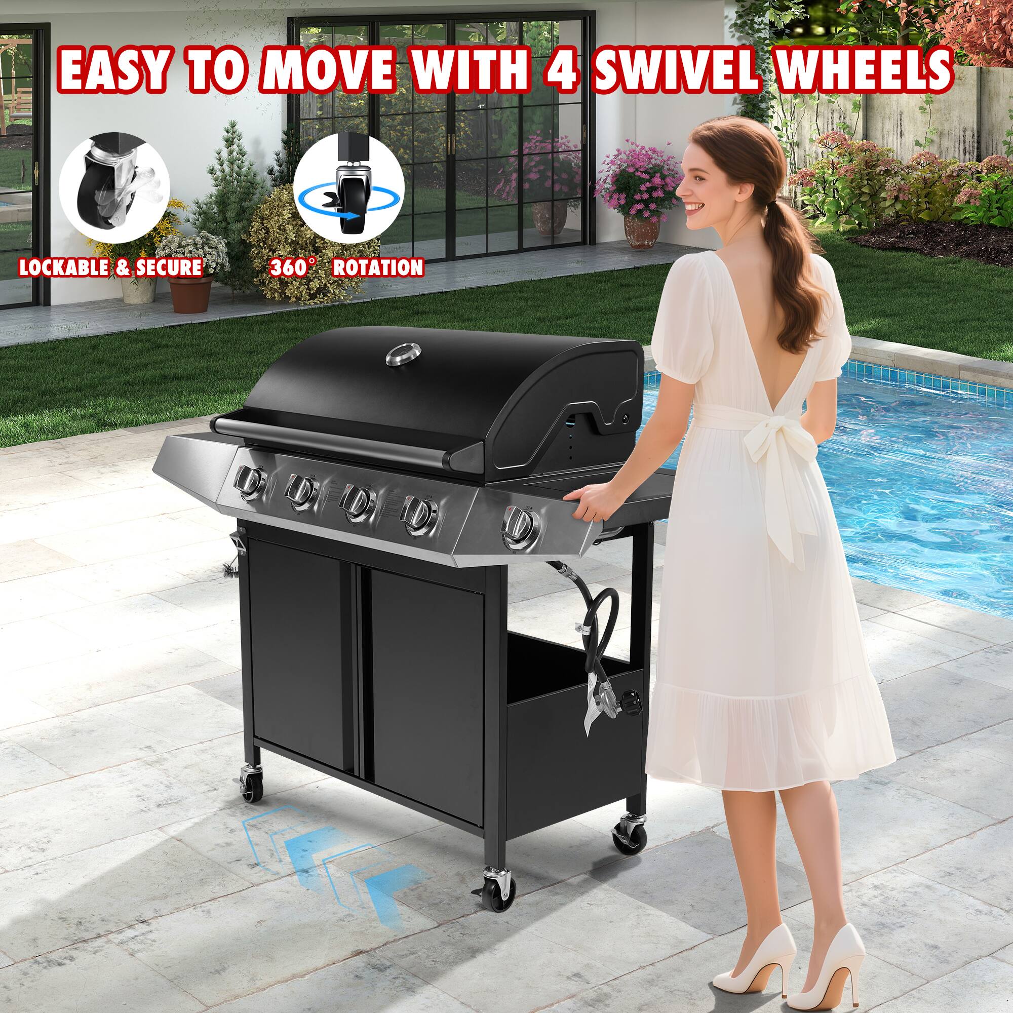 EASY TO MOVE WITH 4 SWIVEL WHEELS LOCKABLE & SECURE 360° ROTATION