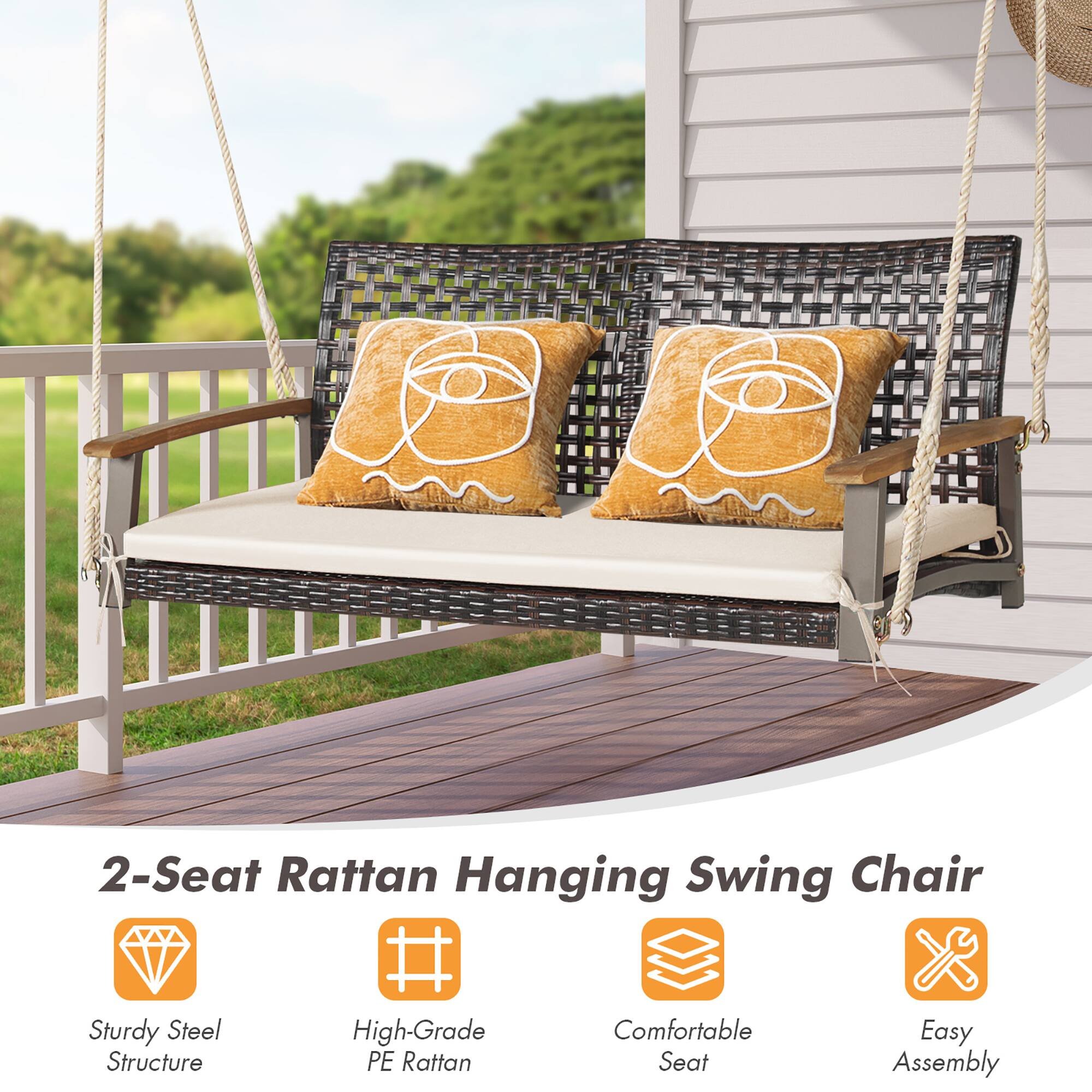 2-Seat Rattan Hanging Swing Chair

- Sturdy Steel Structure
- High-Grade PE Rattan
- Comfortable Seat
- Easy Assembly
