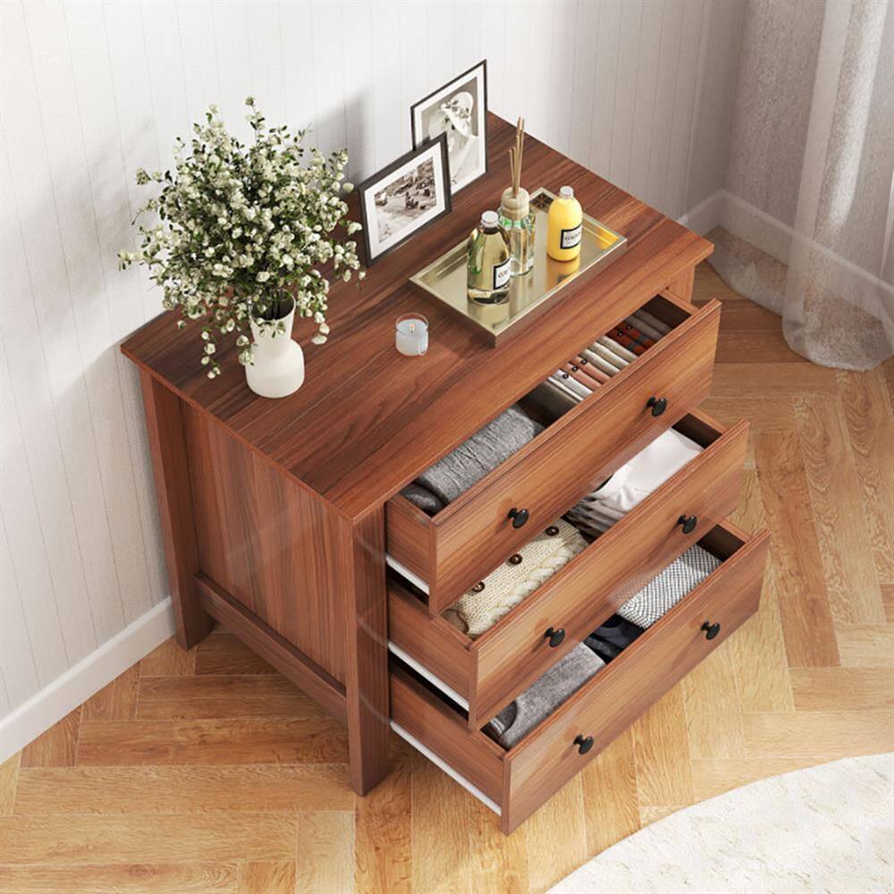 Left. Kadyn - Storage Dresser,Chest of Drawers,3 Drawer Dresser Chest of Drawers Bedside Table-Walnut - Brown.