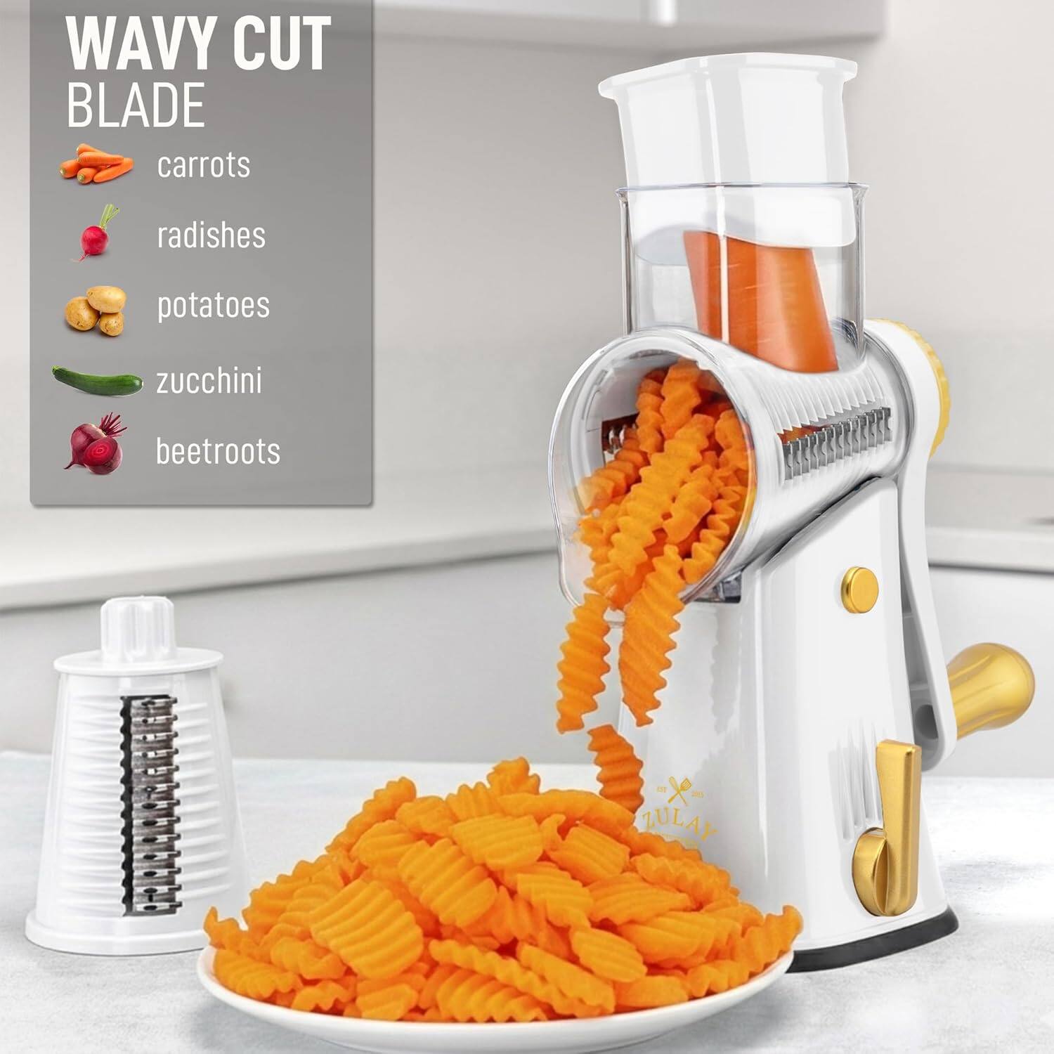 WAVY CUT BLADE

- carrots
- radishes
- potatoes
- zucchini
- beetroots

ZULAY