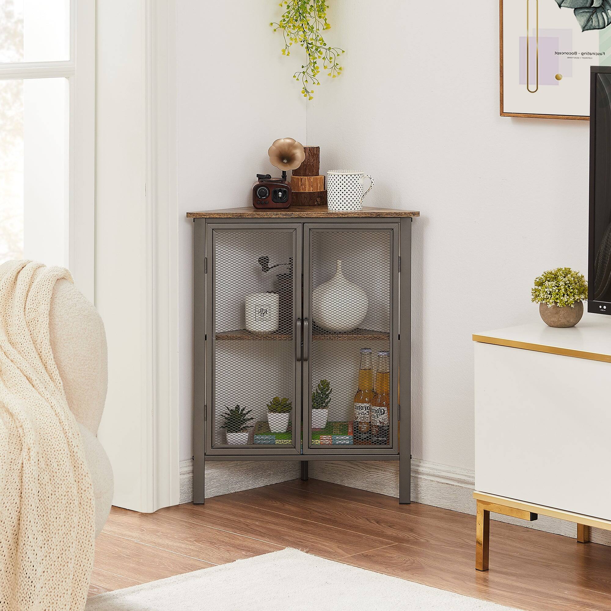 Vecelo - Triangle Corner Storage Cabinet with Doors, Small Corner Cabinet with Shelves for Bathroom,Entryway - Gray