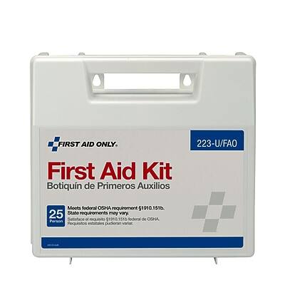 FIRST AID ONLY

223-U/FAO

First Aid Kit  
Botiquín de Primeros Auxilios

Meets federal OSHA requirement 1910.151(b).  
Satisface el 1910.151(b) de OSHA

25 State requirements may vary.  
Regulaciones estatales pueden variar.