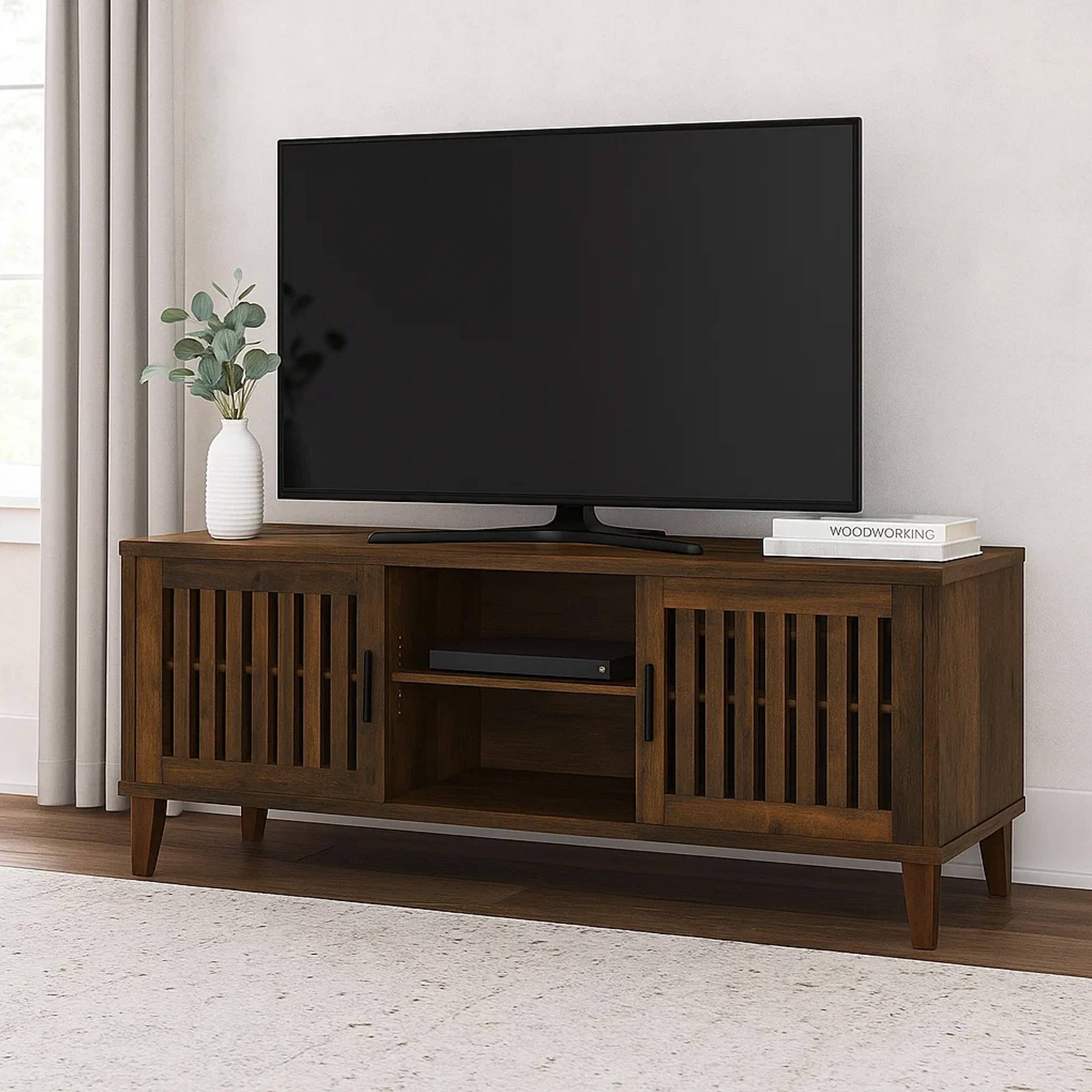 Alt View 5. Manhattan Lane - Sid TV Stand Media Cabinet, 2 Slatted Doors, Shelf, Brown Wood 60 Inch - Dark Brown.