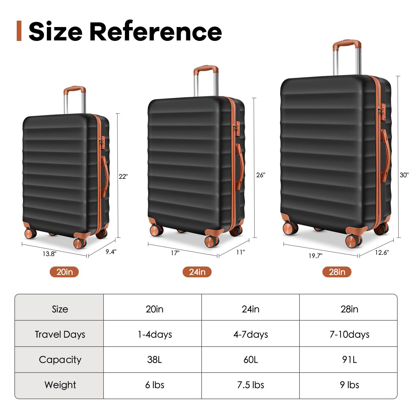 I Size Reference

20in  
24in  
28in  

Size | 20in | 24in | 28in  
Travel Days | 1-4 days | 4-7 days | 7-10 days  
Capacity | 38L | 60L | 91L  
Weight | 6 lbs | 7.5 lbs | 9 lbs  

22"  
13.8"  
9.4"  
17"  
11"  
19.7"  
12.6"