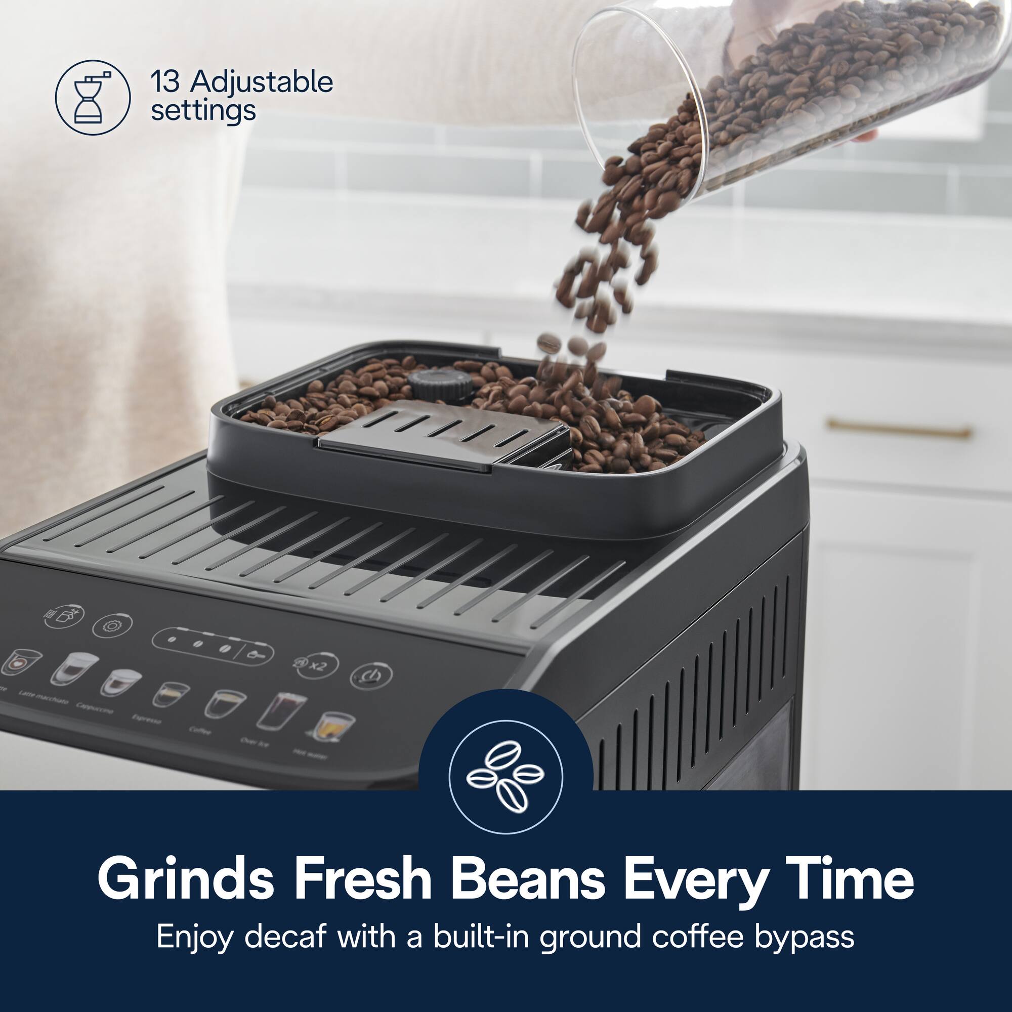 Zoom in on Grinds Fresh Beans Every Time Enjoy decaf with a built-in ground coffee bypass