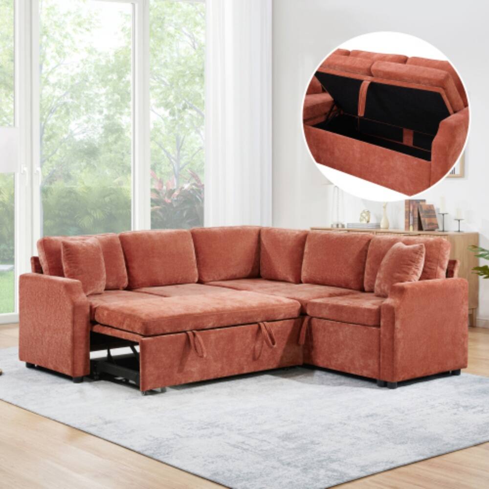 Angle. LUCKY ONE - 81.9" L-Shaped Sectional Sofa Bed w/ Pull-Out Sleeper & Hidden Storage Compartment - Orange.