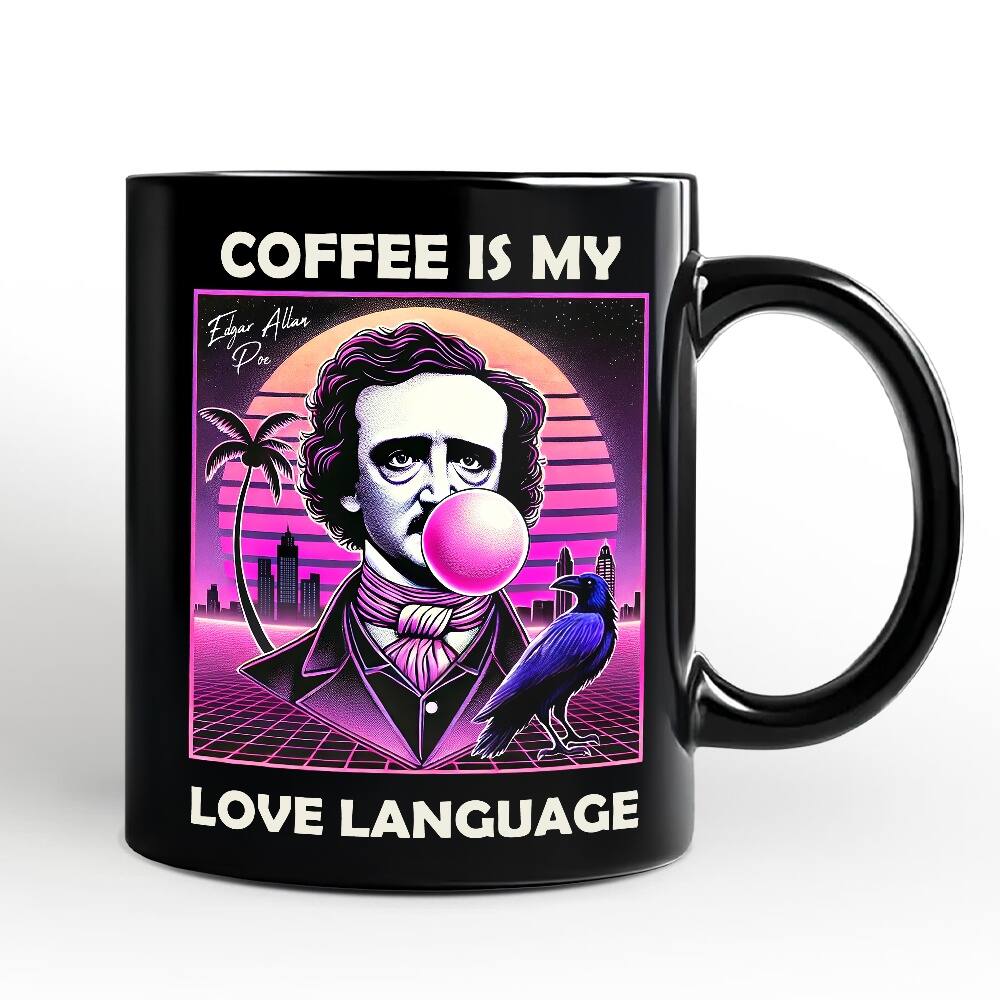 OrnamentallyYou - Synthwave 80's Styled Edgar Allan Poe Horror Mug, Vaperwave Classic Retro Neon Halloween Gift - Black