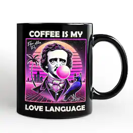 OrnamentallyYou - Synthwave 80's Styled Edgar Allan Poe Horror Mug, Vaperwave Classic Retro Neon Halloween Gift - Black