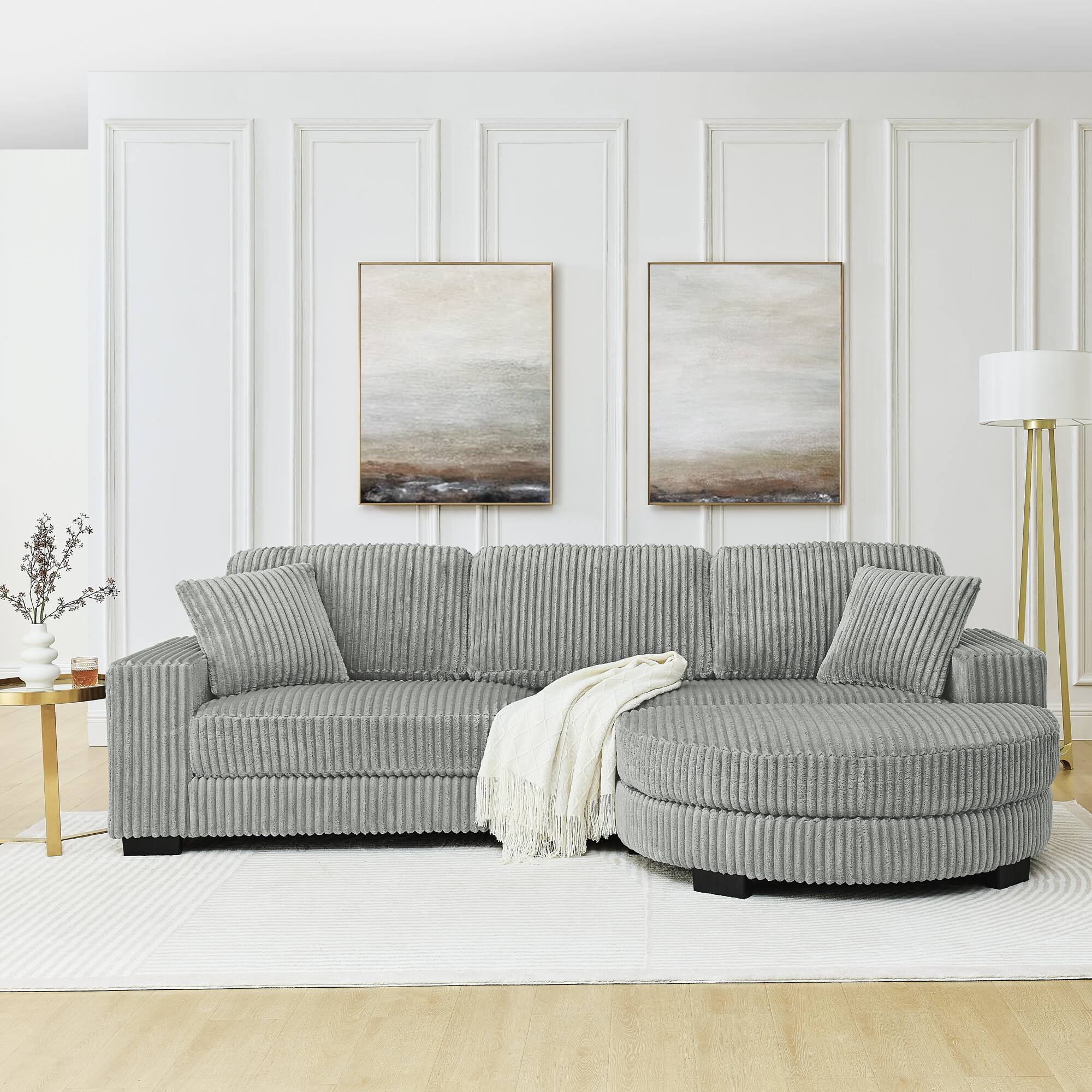 Angle. Whisen - Corduroy Tufted Upholstered Sleeper Sectional Sofa with arc-shaped footstool for Living Room - Grey.