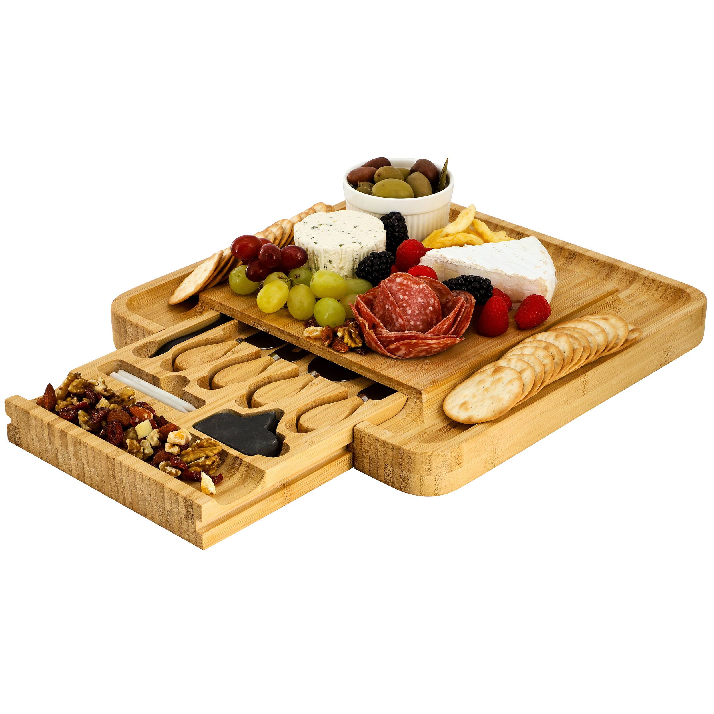MegaChef - Bamboo Charcuterie Cheese Board w/ Drawer with Cheese Utensils, Bottle Opener, and 3 Piece Mini Chalkboard Set - Brown