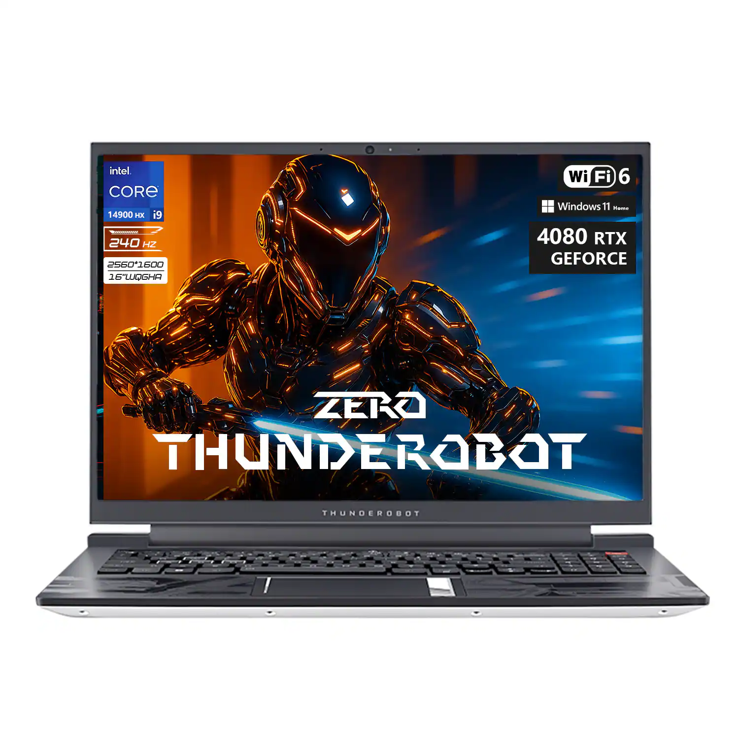 Sure, here is the corrected and grouped text from the image:

- **Intel Core i9 14900HX**
- **240 Hz**
- **2560x1600**
- **16" WQOGHA**
- **Wi-Fi 6**
- **Windows 11 Home**
- **4080 RTX GeForce**
- **ZERO THUNDEROBOT**