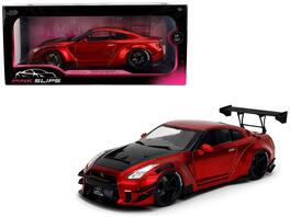 Jada - Nissan GT-R R35 Liberty Walk 2.0 RHD Red Metallic Carbon Hood Pink Slips Series 1/18 Diecast Model - Red Metallic with Carbon