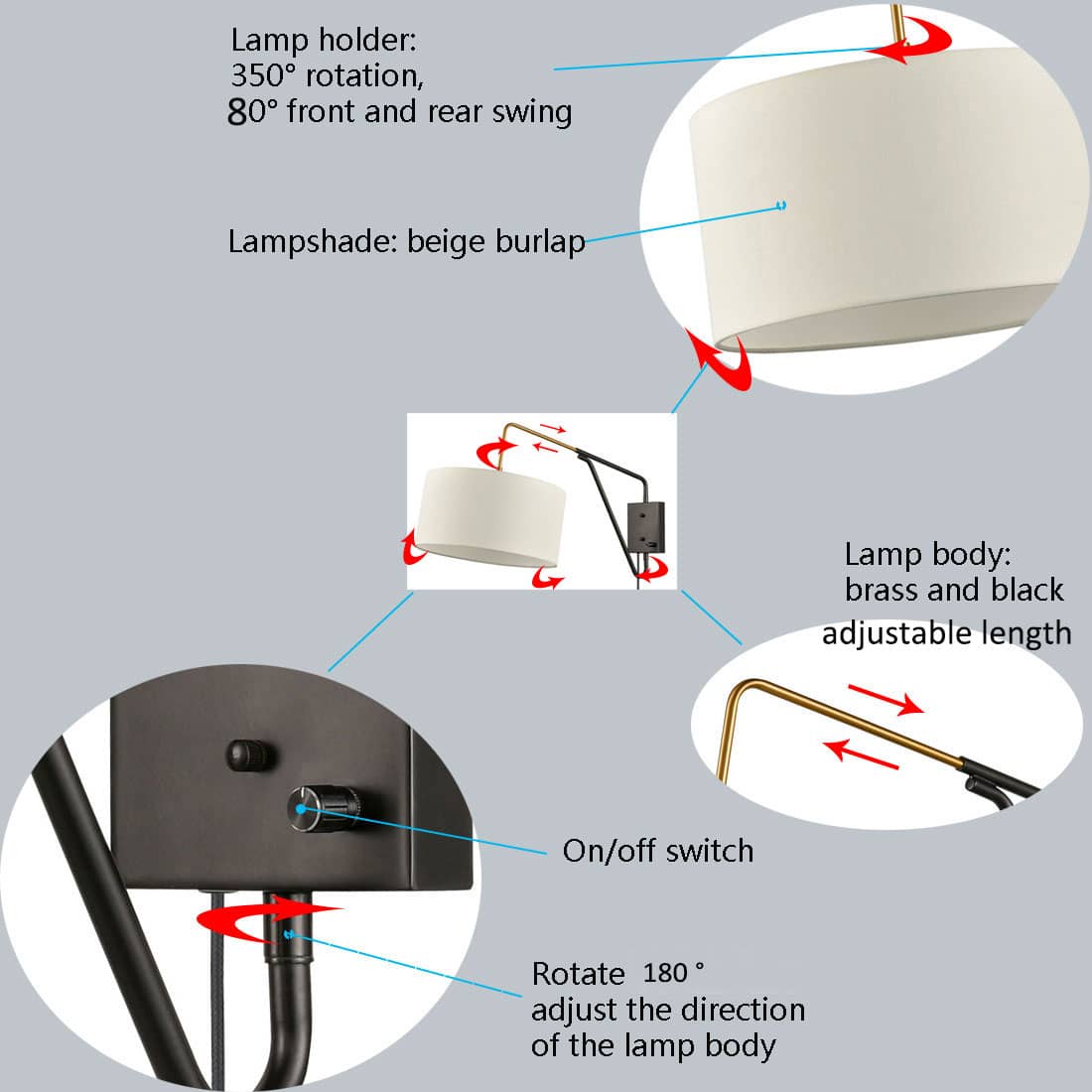 Lamp holder:  
350° rotation,  
80° front and rear swing  

Lampshade: beige burlap  

Lamp body: brass and black adjustable length  

On/off switch  

Rotate 180° adjust the direction of the lamp body