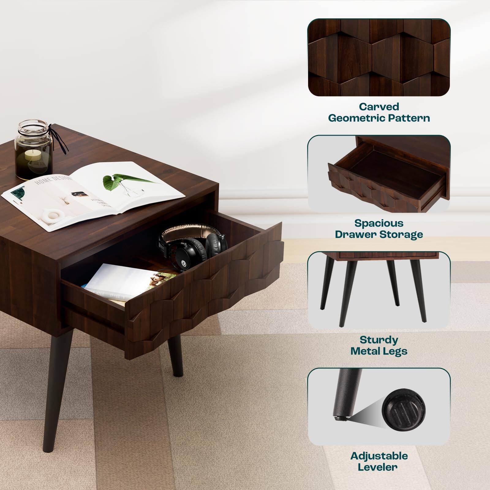 - Carved Geometric Pattern
- Spacious Drawer Storage
- Sturdy Metal Legs
- Adjustable Leveler