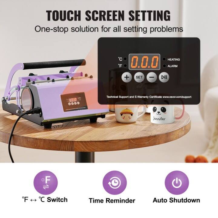 TOUCH SCREEN SETTING  
One-stop solution for all setting problems  

°F 0.0.0  
HEATING  
ALARM  
SET  
+  
-  
II  

Technical Support and E-Warranty Certificate www.vevor.com/support  

°F ↔ °C Switch  
Time Reminder  
Auto Shutdown