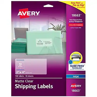 Easy Peel™ with Pop-up Edge for Just Peeling
AVERY 18663
Free Easy-to-Use Avery Templates
avery.com/templates
HILFORD
10 SURE FEED TECHNOLOGY
2" x 4"
100 labels 10 sheets
Matte Clear Shipping Labels
Inkjet
AVERY 18663