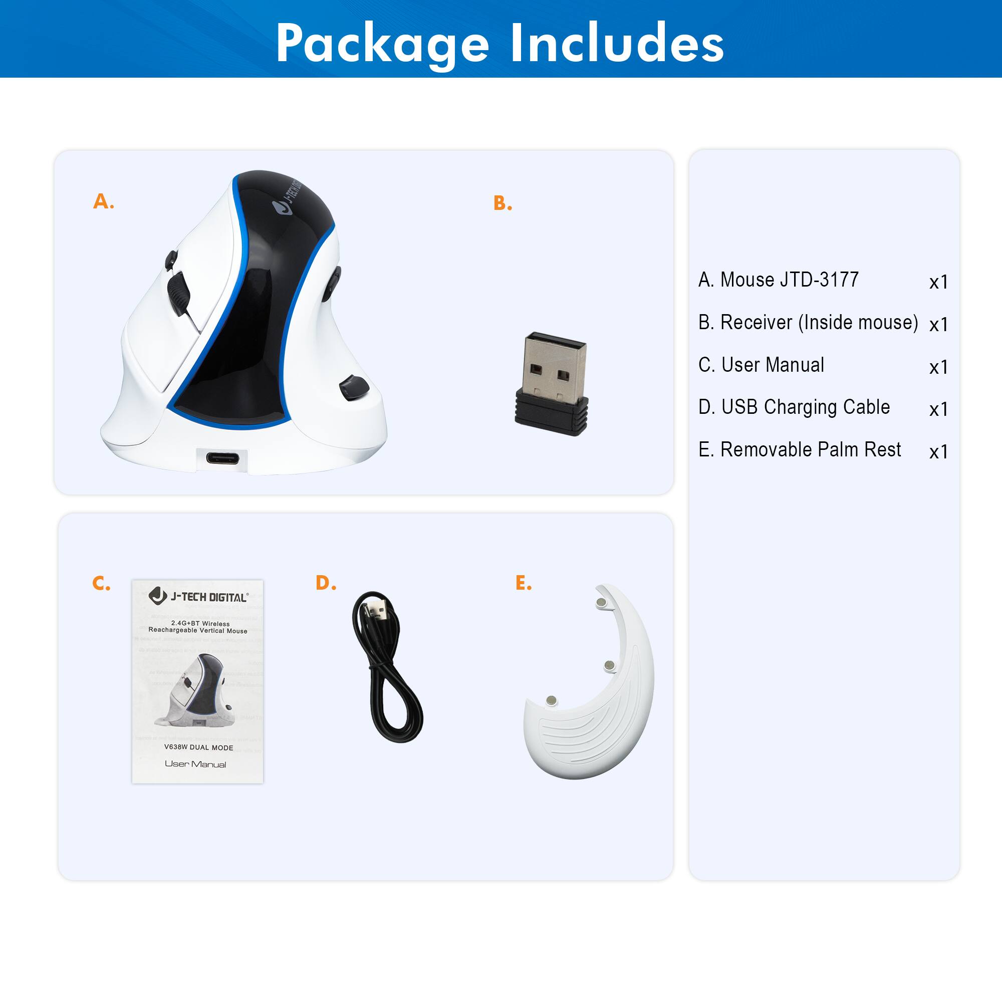 Package Includes

A. Mouse JTD-3177 x1  
B. Receiver (Inside mouse) x1  
C. User Manual x1  
D. USB Charging Cable x1  
E. Removable Palm Rest x1  

C. J-TECH DIGITAL  
2.4G-BT Wireless Rechargeable Vertical Mouse  
V3.39W DUAL MODE  
User Manual  

D. USB Charging Cable  

E. Removable Palm Rest