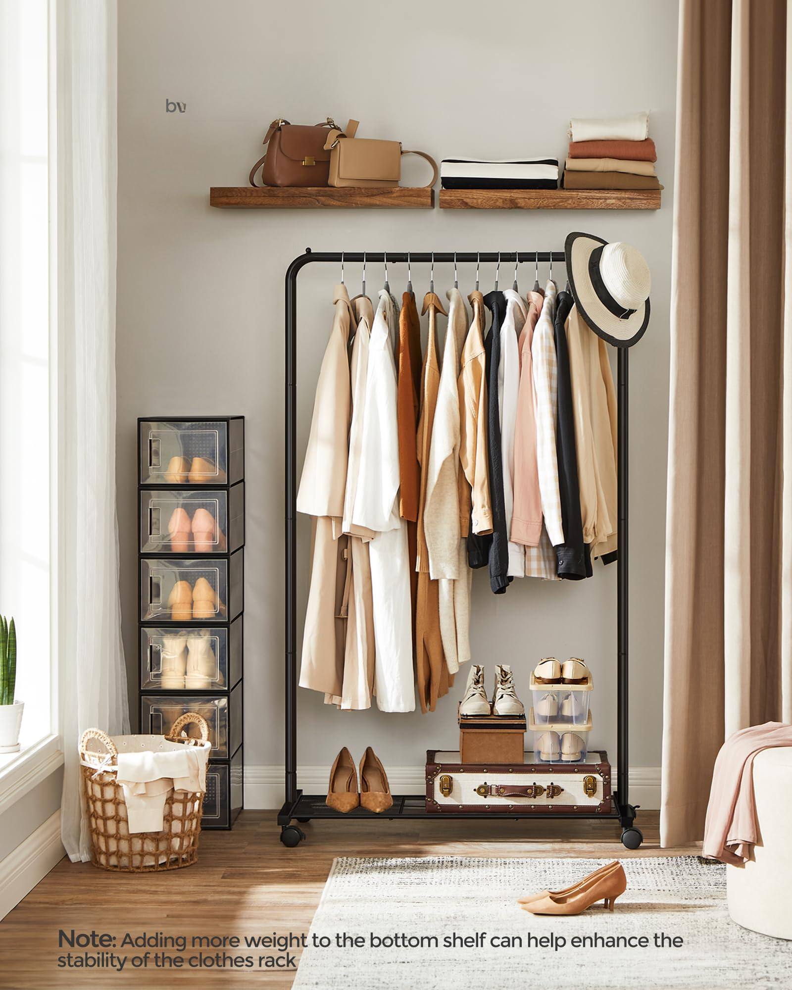 Note: Adding more weight to the bottom shelf can help enhance the stability of the clothes rack.