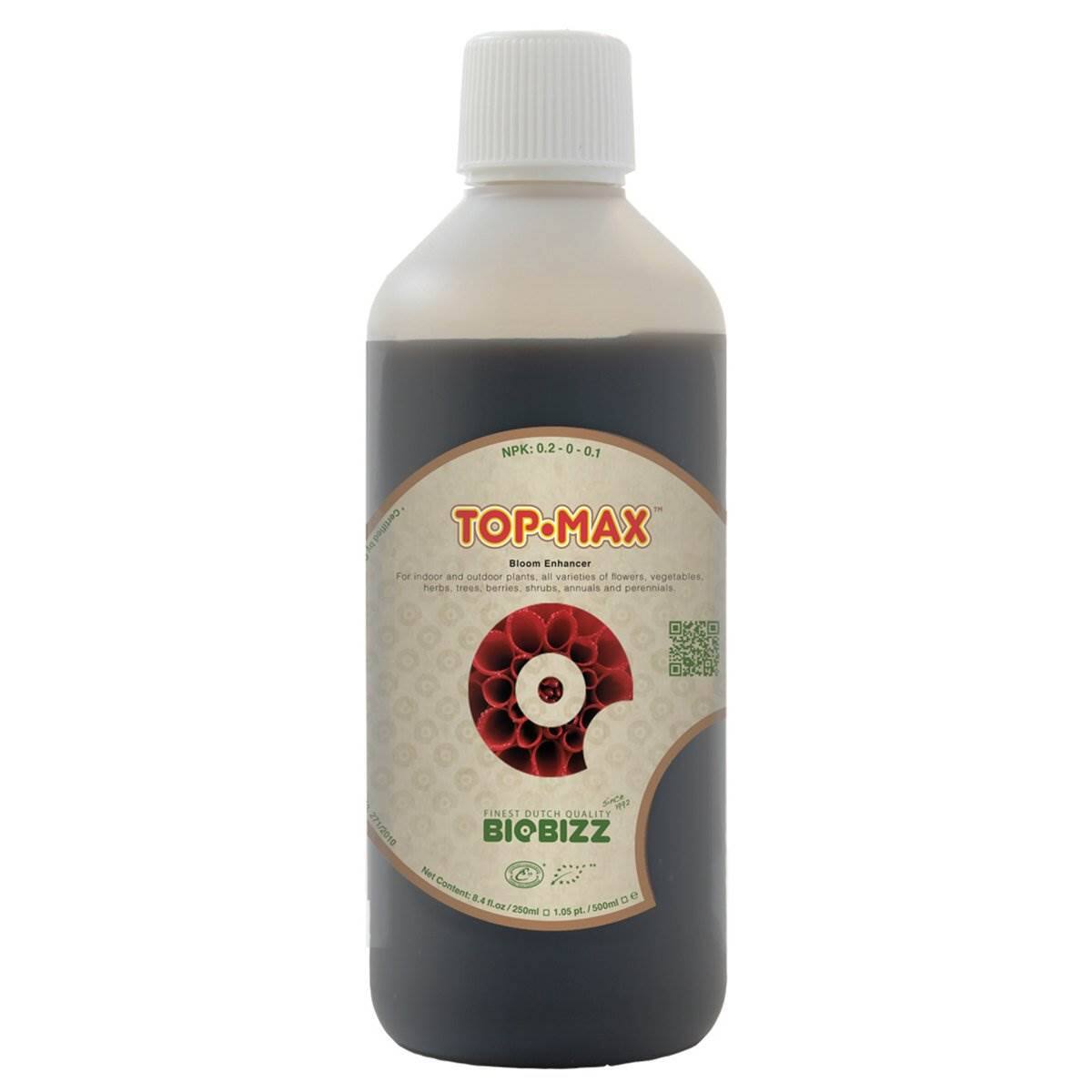 NPK: 0.2-0-0.1  
TOP-MAX Bloom Enhancer  
For indoor and outdoor plants, all varieties of flowers, vegetables, herbs, berries, shrubs, annuals and perennials.  
FINEST DUTCH QUALITY  
BIOBIZZ  
Net Content: 8.4 fl oz / 250ml