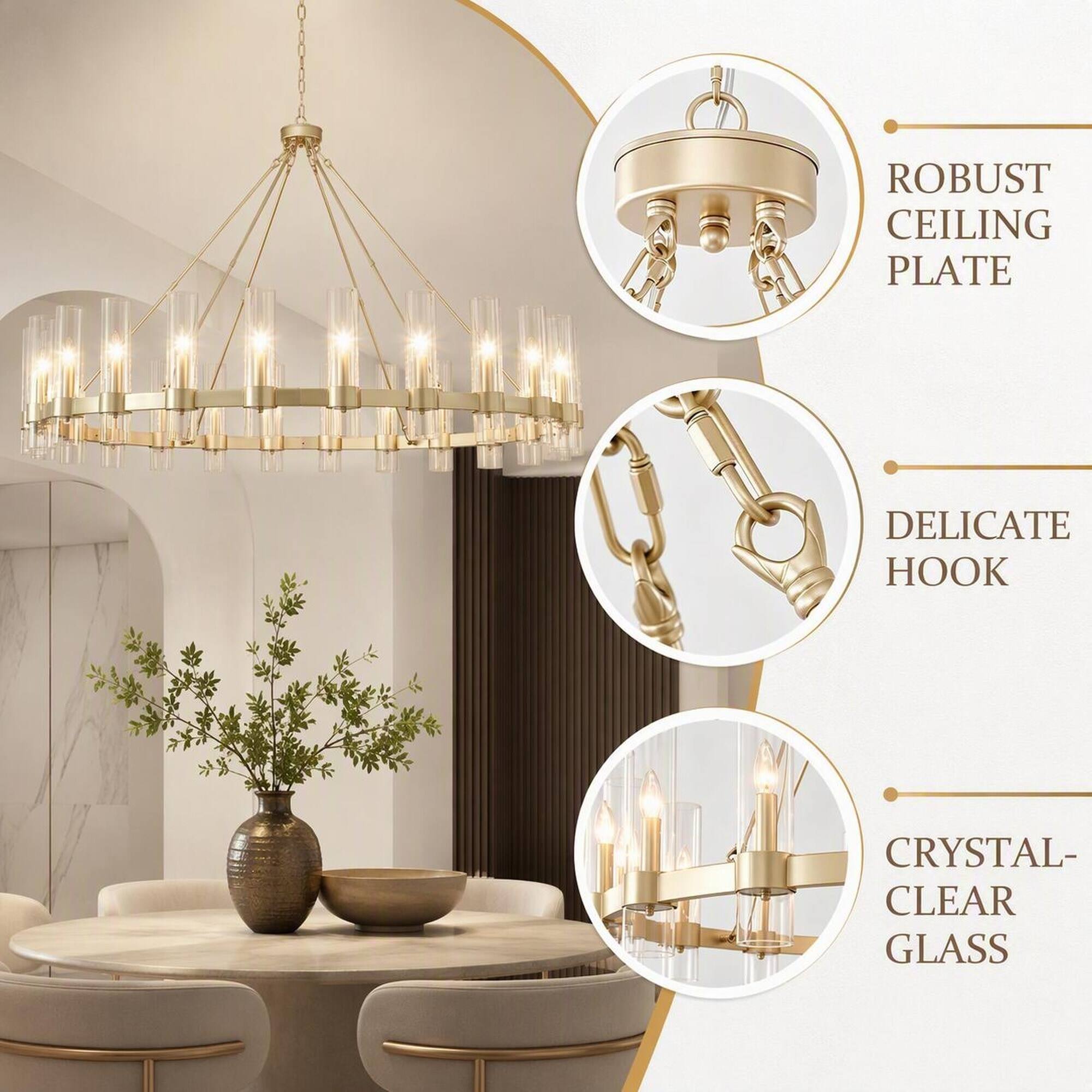 ROBUST CEILING PLATE  
DELICATE HOOK  
CRYSTAL-CLEAR GLASS