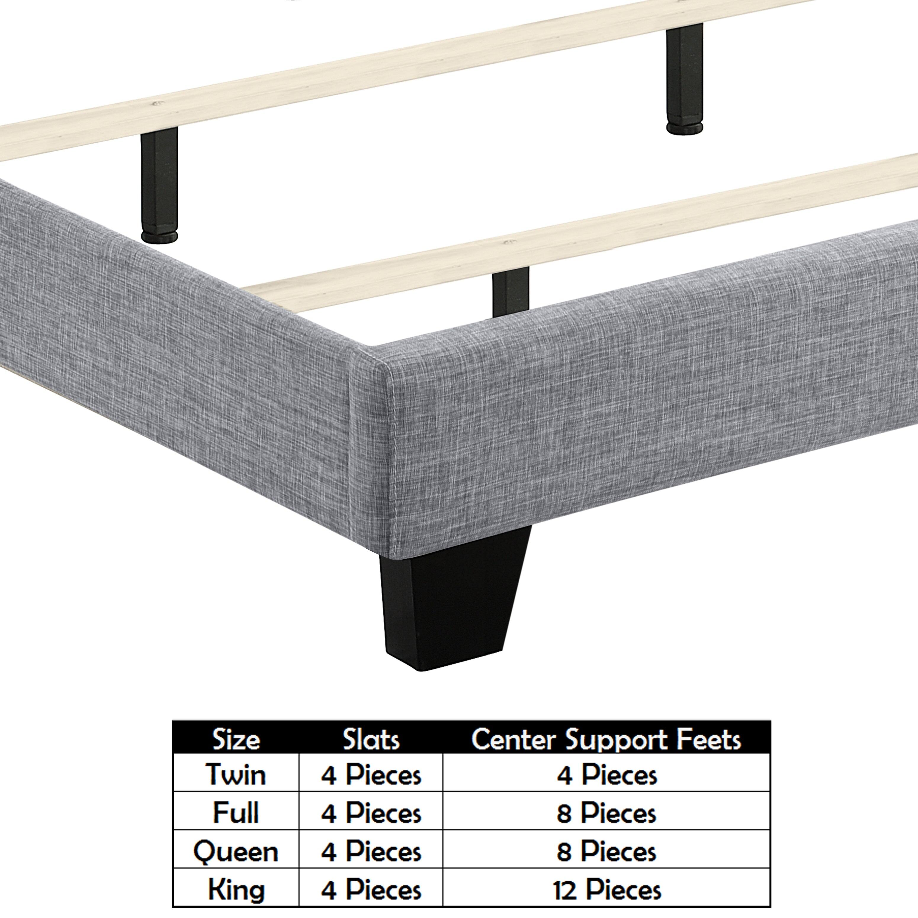 Size | Slats | Center Support Feet  
Twin | 4 Pieces | 4 Pieces  
Full | 4 Pieces | 8 Pieces  
Queen | 4 Pieces | 8 Pieces  
King | 4 Pieces | 12 Pieces