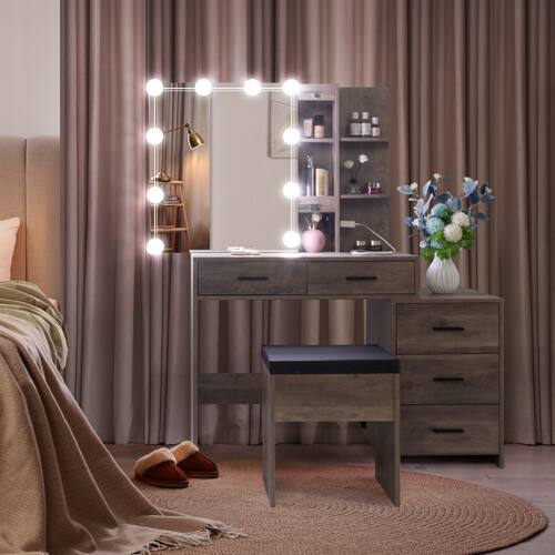 Alt View 5. Winado - Vanity Makeup Table Dressing Desk Set Open Shelves 5 Drawers Cabinet 10 LED Lighted Bulbs Sliding Mirror with Stool Set - Gray.