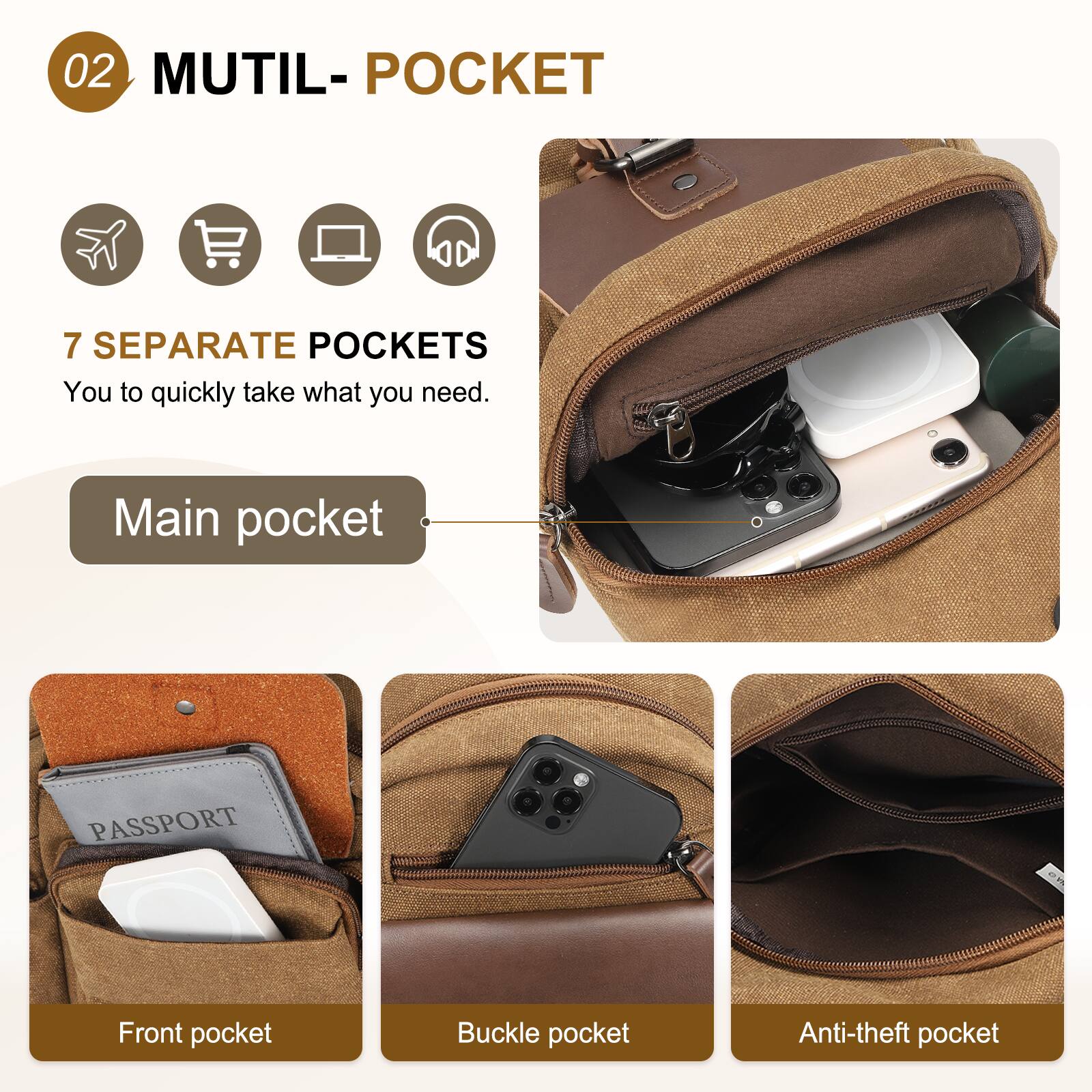 02 MUTIL-POCKET

7 SEPARATE POCKETS  
You can quickly take what you need.

- Main pocket
- Front pocket
- Buckle pocket
- Anti-theft pocket