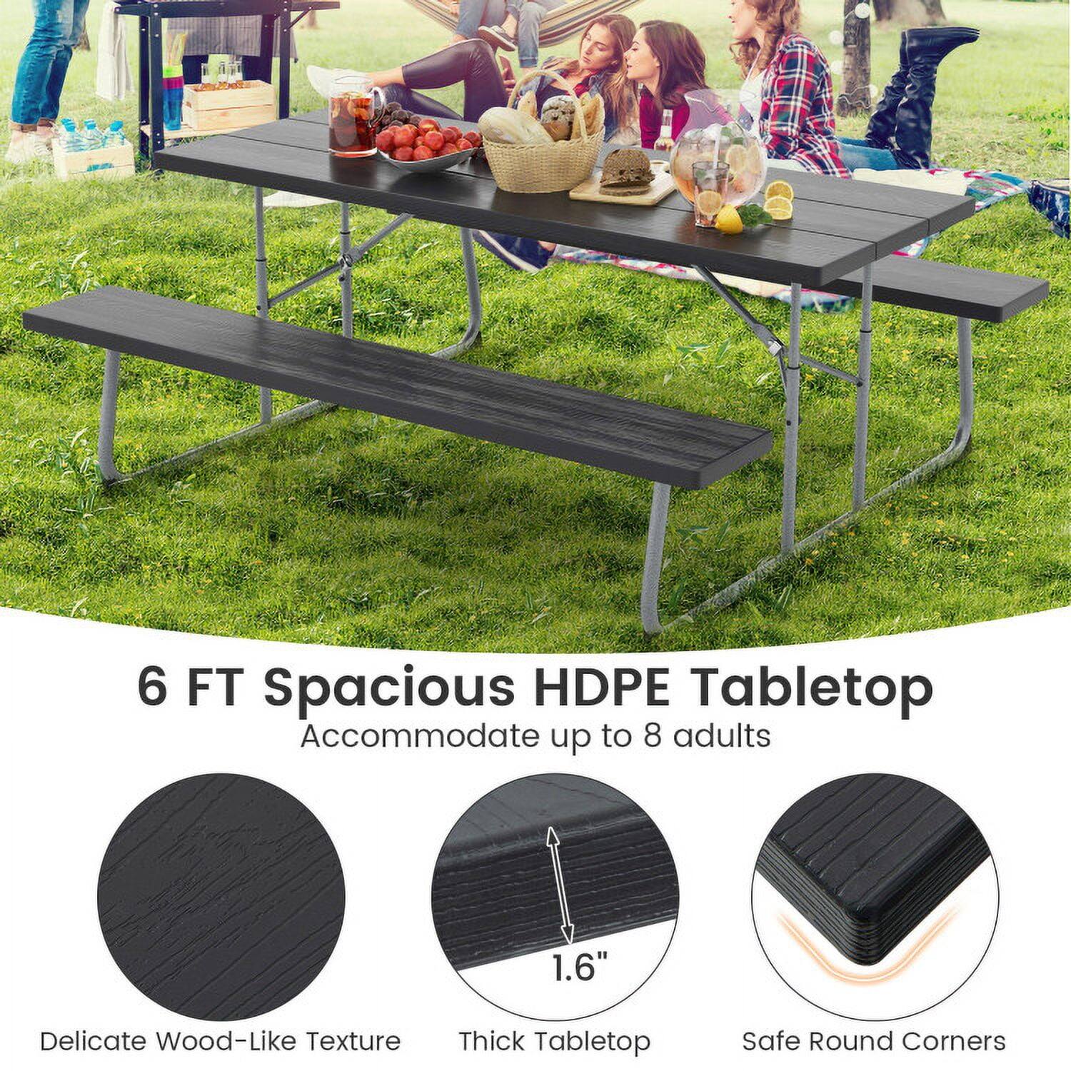 6 FT Spacious HDPE Tabletop  
Accommodate up to 8 adults  

- Delicate Wood-Like Texture  
- Thick Tabletop (1.6")  
- Safe Round Corners