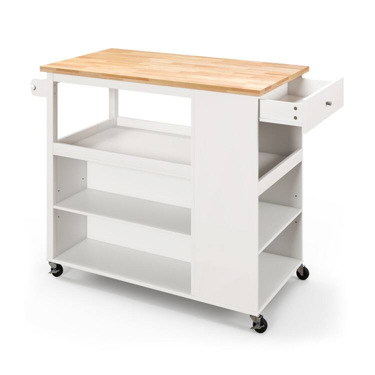 Front. SlickBlue - Kitchen Trolley Cart with Wheels, Open Shelves, and Convenient Drawer - White.