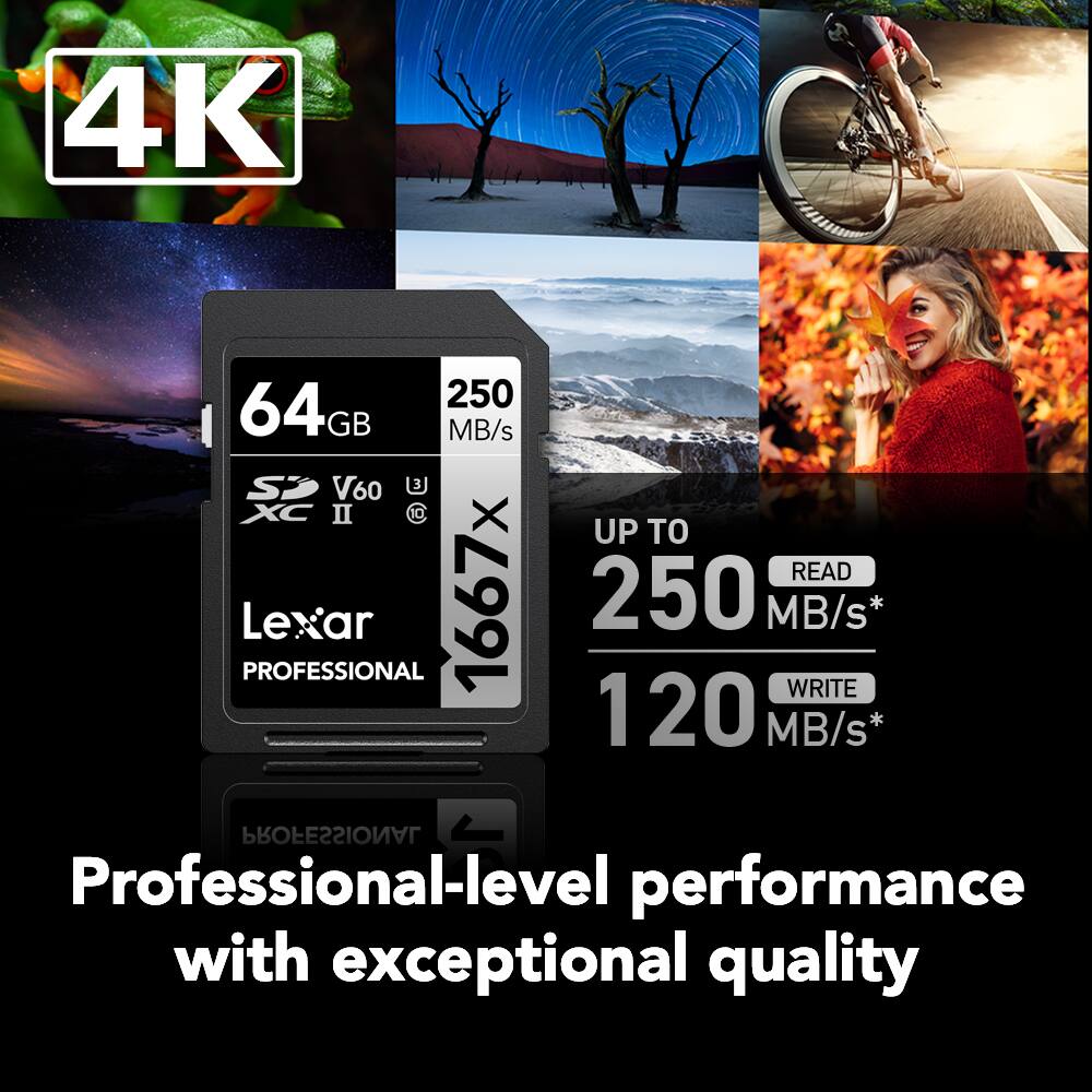 4K 64GB 250 MB/s SP V60 XC II C 0 Le PROFESSIONAL Lexar 1667x UP TO READ 250 MB/s* WRITE 120 MB/s* Professional-level performance with exceptional quality