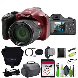 Minolta - Pro Shot 20 MP HD Digital Camera with 67x Zoom, 1080p HD Video Bundle - Red