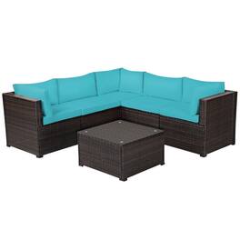 Pefilos - 6 Pieces Patio Furniture Sofa Set with Cushions for Outdoor-Turquoise, Wicker Furniture Conversation Sets, Coffee Table - Blue