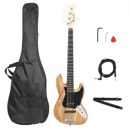 Front. Winado - Gjazz Full Size Electric Bass Guitar Beginner Kit 5 String Exquisite Basswood Bass with Cable, Strap, Bag & Accessories.