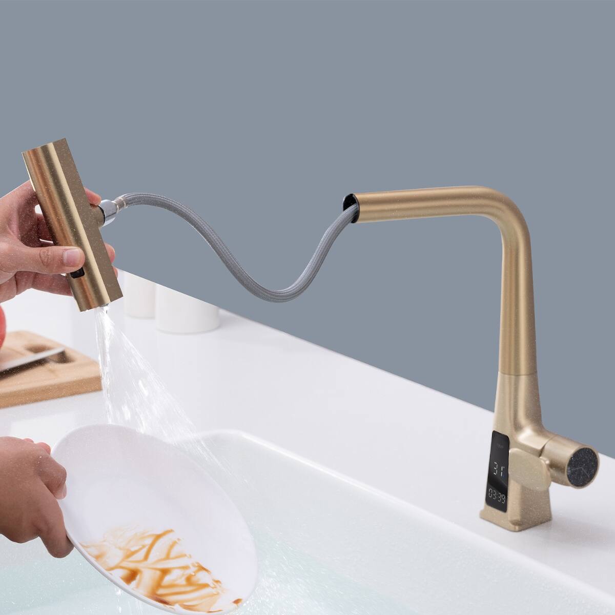 Alt View 1. Ropilly - Ropilly Brushed Gold Kitchen Faucet with Temperature Display, Waterfall Pull Down Sprayer, Single Handle - Brushed Gold.