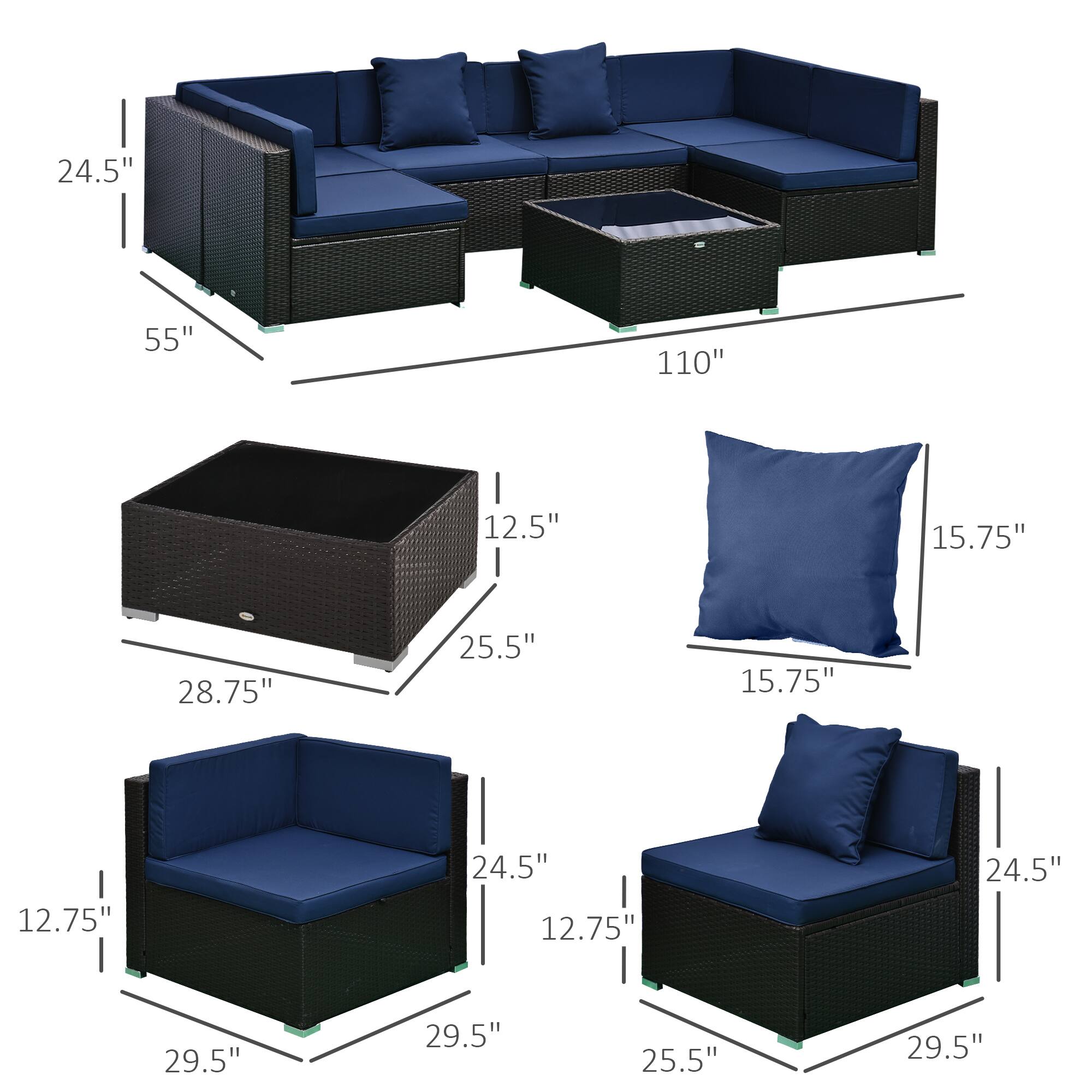 The text can be grouped as follows:

- Sofa: 24.5", 55", 110"
- Coffee table: 12.5", 28.75", 25.5"
- Armchair: 24.5", 12.75", 29.5", 25.5", 29.5"
- Pillow: 15.75", 15.75"