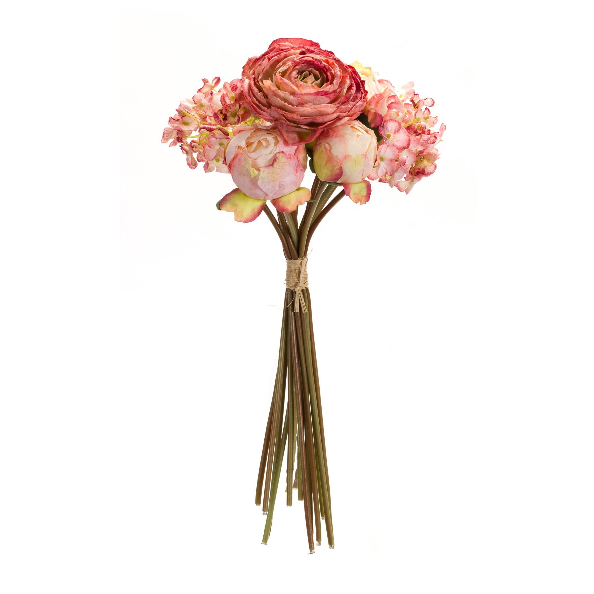Left. BreeBe - Coral Pink Peony and Hydrangea Flower Bouquet (Set of 6) - Pink, Beige, Green.