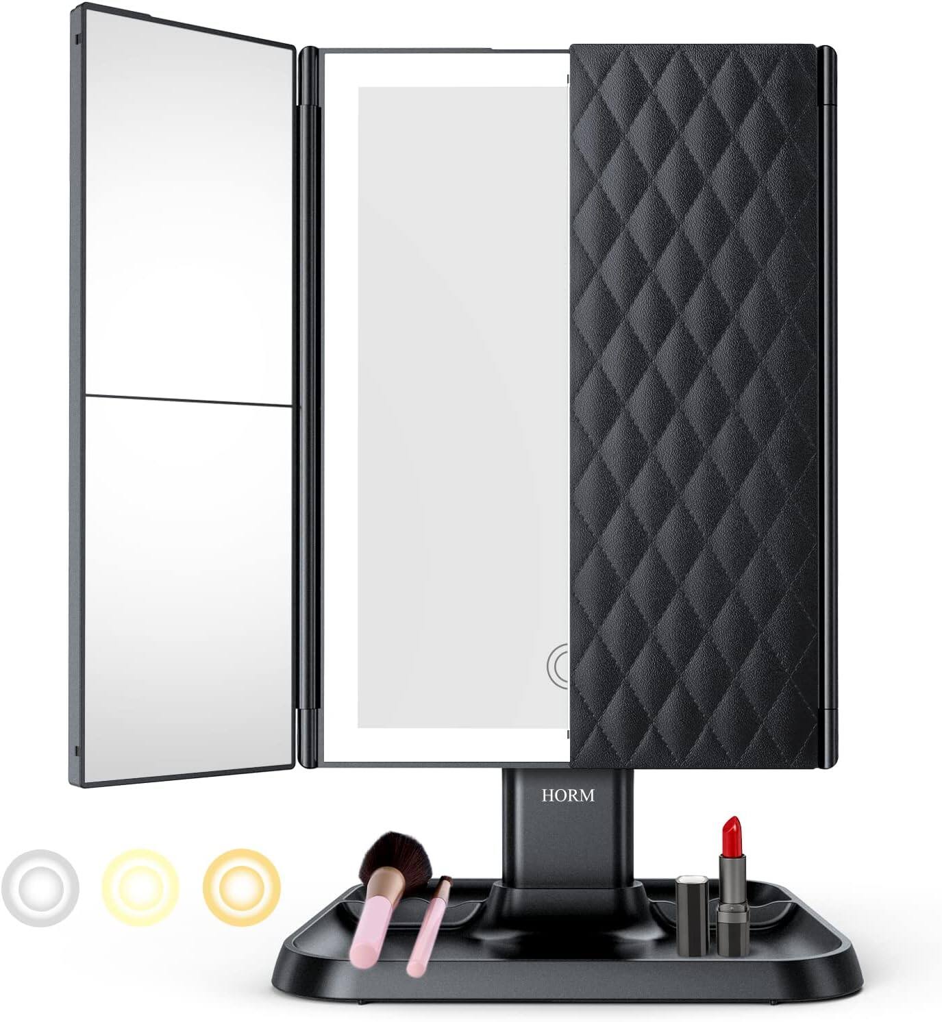 Front. Stamp n Camp - Trifold Makeup Vanity Mirror with Lights - 3 Color Lighting Modes 72 LED, Touch Control Design, 1x/2x/3x Magnification, - length 30 X width 17.