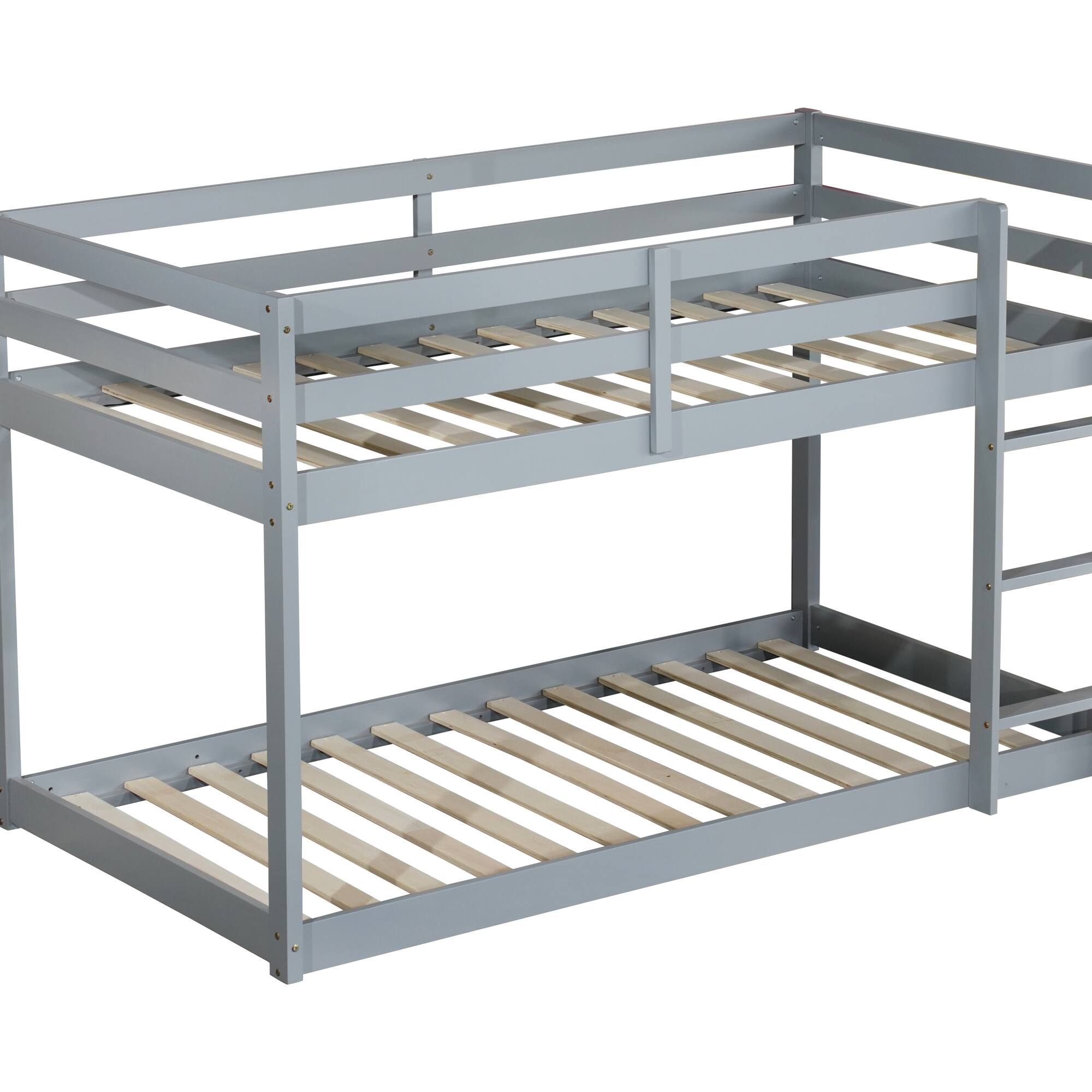 Alt View 4. GOODSILO - Solid Wood Twin Over Twin Floor Bunk Bed with Ladder and Strengthened Slats for Enhanced Stability - Grey.