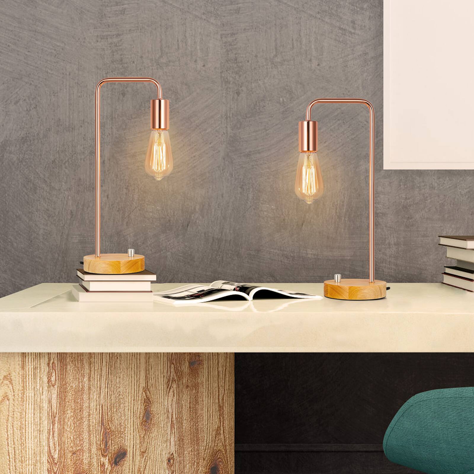 Alt View 2. Oumilen - Set of 2 Edison Table Lamp, Industrial Nightstand Lamps, Rose Gold Desk Lamp with Wood Base.