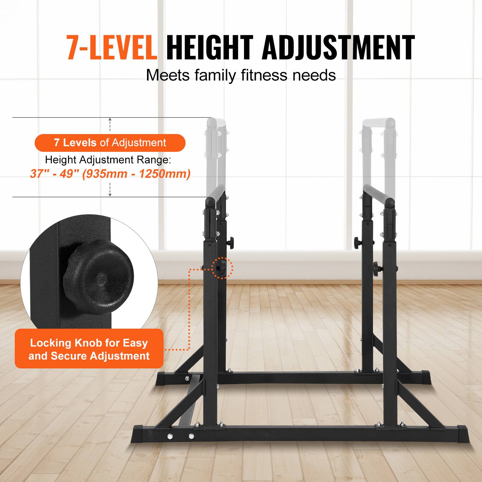 7-LEVEL HEIGHT ADJUSTMENT  
Meets family fitness needs  

7 Levels of Adjustment  
Height Adjustment Range: 37" - 49" (935mm - 1250mm)  

Locking Knob for Easy and Secure Adjustment