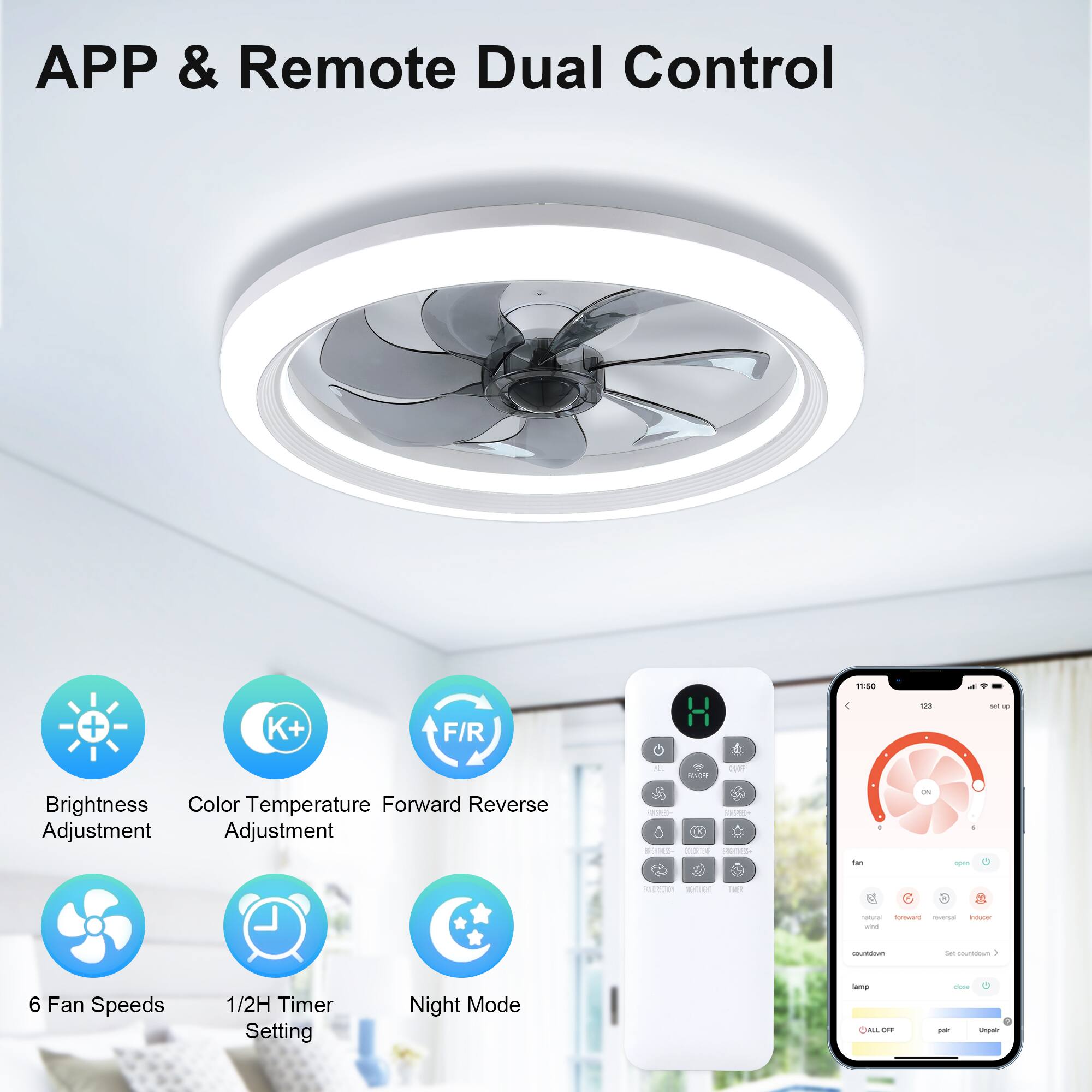 APP & Remote Dual Control

- Brightness Adjustment
- Color Temperature Adjustment
- Forward Reverse Adjustment
- 6 Fan Speeds
- 1/2H Timer Setting
- Night Mode