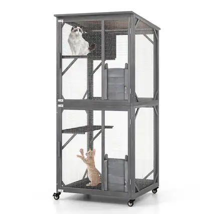 Front. Gymax - Gymax Wooden Cat House 72'' Indoor Outdoor Kitten Enclosure Kennel Condo on Wheels Grey.