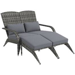 Outsunny - Wicker Adirondack Chair for 2 with Cushions & Footrests, PE Rattan Double Chaise Lounge Chair - Gray