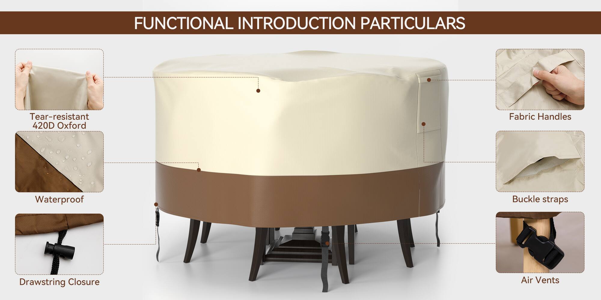 FUNCTIONAL INTRODUCTION PARTICULARS

- Tear-resistant 420D Oxford Fabric
- Waterproof
- Handles
- Buckle straps
- Drawstring Closure
- Air Vents