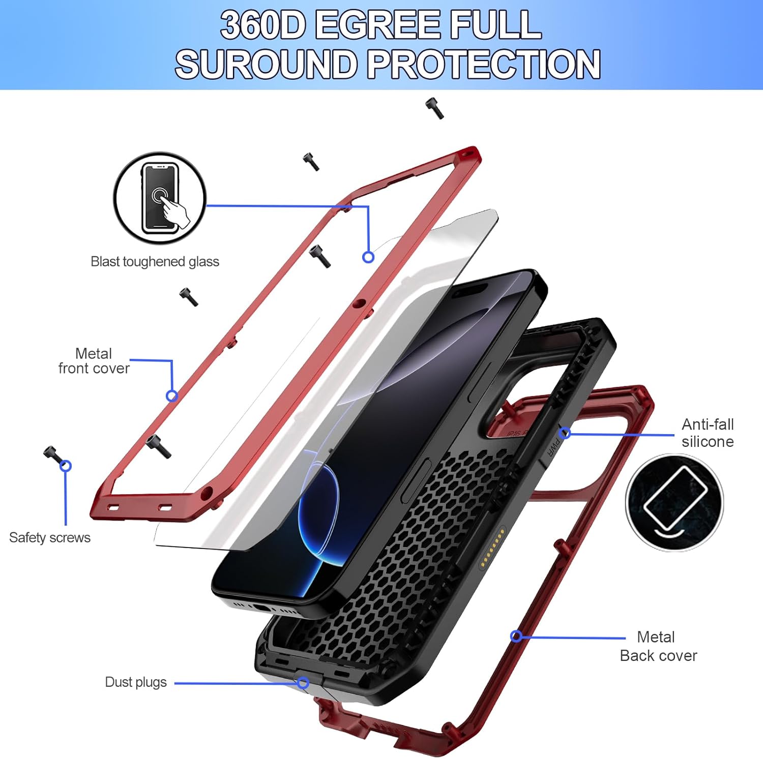 360D EGREE FULL SURROUND PROTECTION

- Blast toughened glass
- Metal front cover
- Safety screws
- Dust plugs
- Anti-fall silicone
- Metal back cover