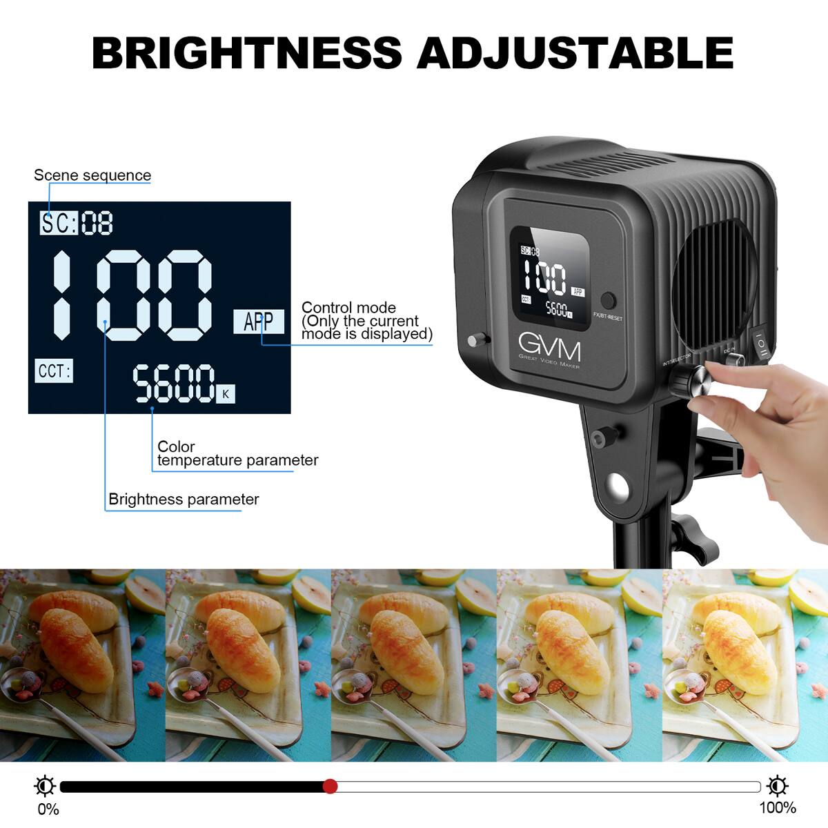 BRIGHTNESS ADJUSTABLE

Scene sequence
SC: 08
100
APP
CCT: 5600 K

Control mode (Only the current mode is displayed)
IA

Color temperature parameter
Brightness parameter

0% 100%