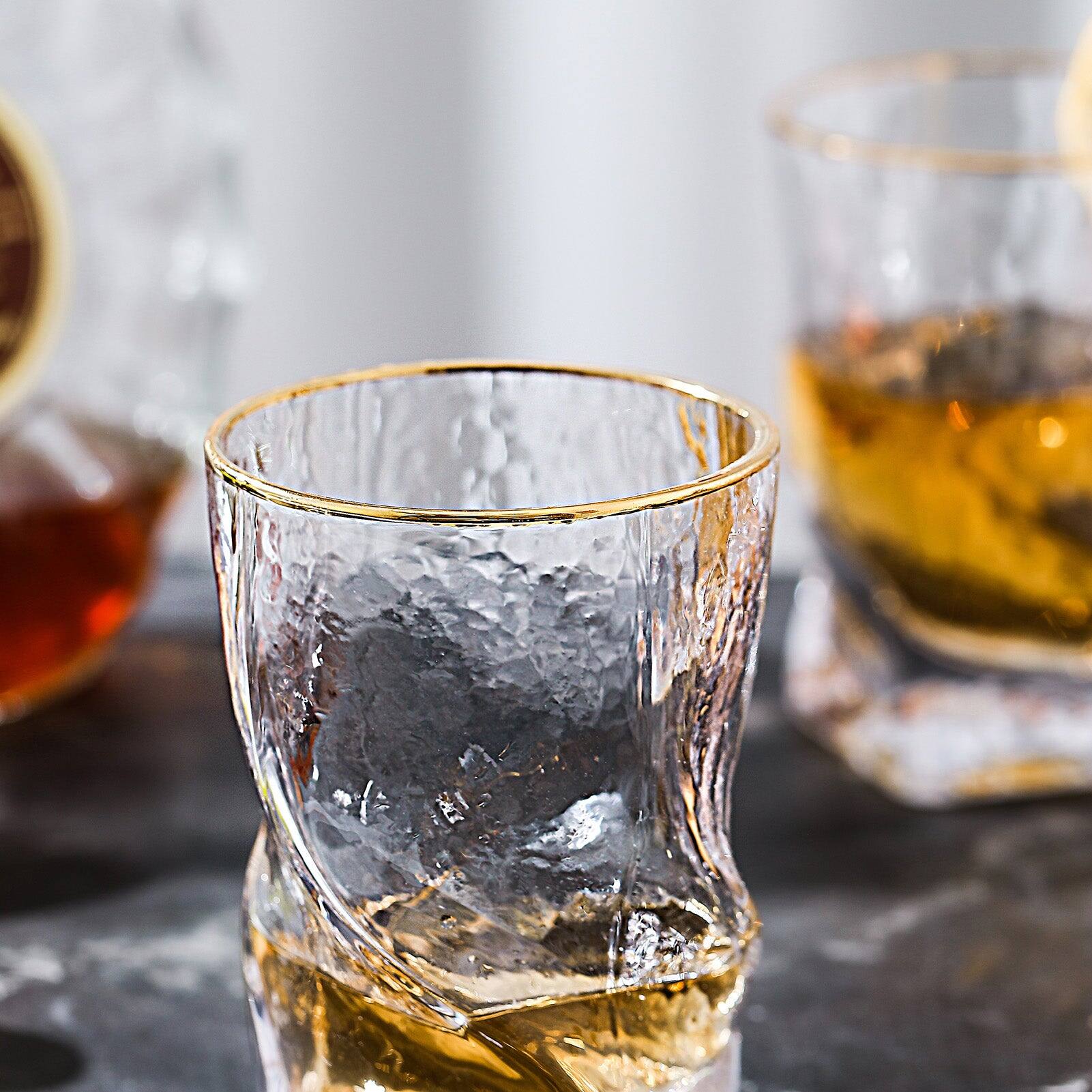 Back. BreeBe - Gold Rimmed Hammer Twist Whiskey Glass (set of 4) - 3.14"W x 4.44" H - Clear with gold rim.